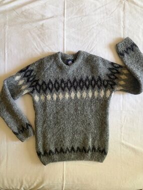Men's Gray Wool Crewneck Sweater with Nordic Pattern